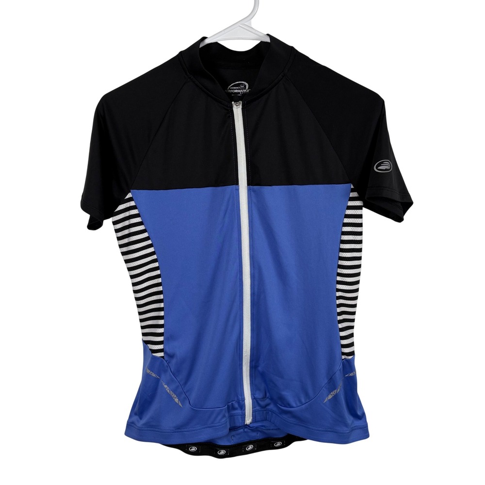 Performance Bicycle Cycling Jersey Women's M Blue Black Striped Full-Zip Elite